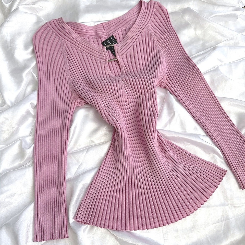 INC International Concepts Pink Ribbed Silk Blend Keyhole Bar Sweater Top L